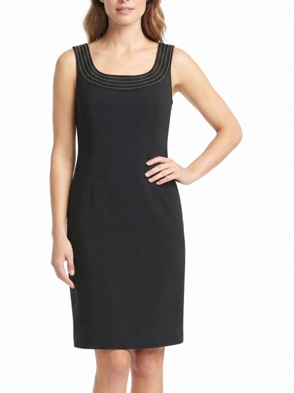 Vintage Cleo Petites Black Stretch Sheath Dress Square Neck Size 4 Minimalist